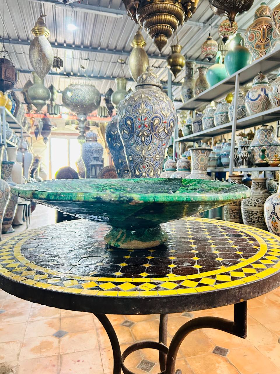 Grande Assiette Artisanale en Céramique Verte de Tamegroute - 60 cm - Pièce Unique