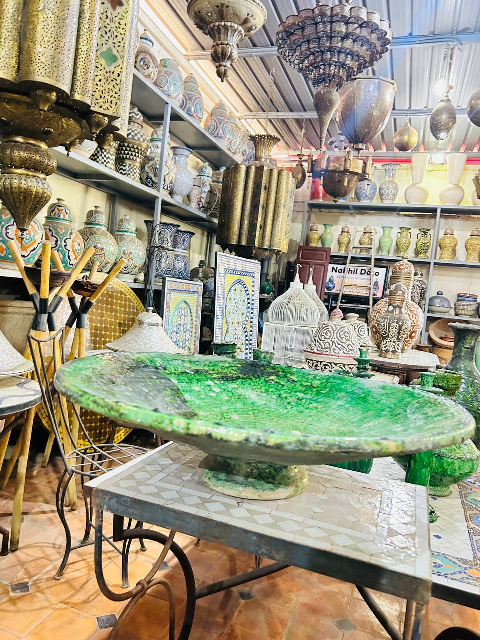 Grande Assiette Artisanale en Céramique Verte de Tamegroute - 60 cm - Pièce Unique